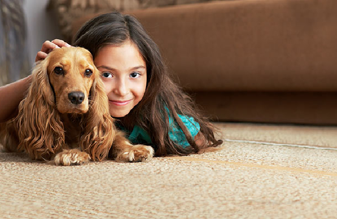 Little girl with her pet on the carpet