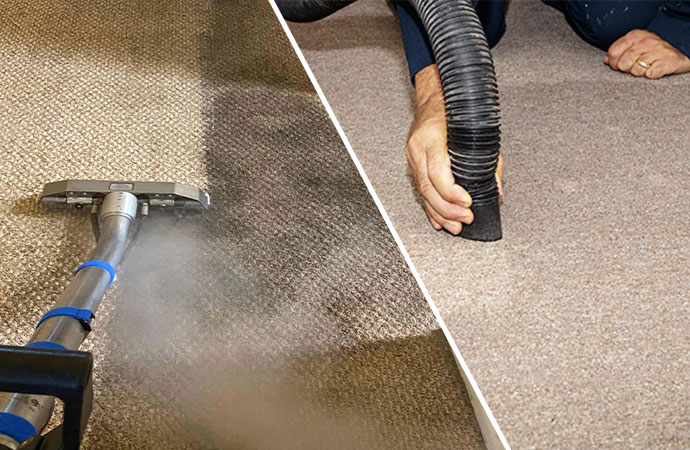 Collage of carpet cleaning with a steam cleaner and  cleaner