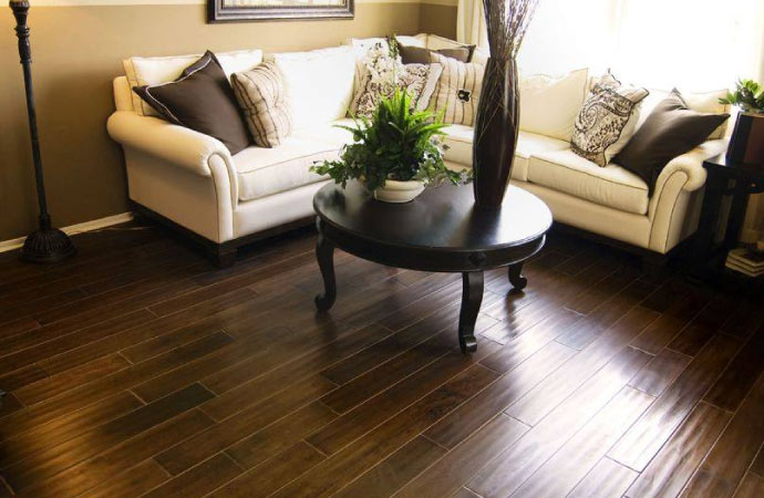 A living room with wood floor