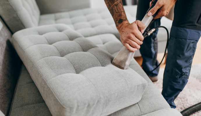 a professional cleaning a sectional sofa