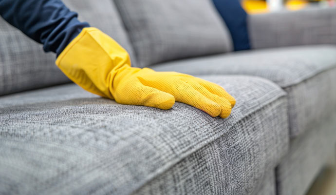 a professional inspecting a sofa