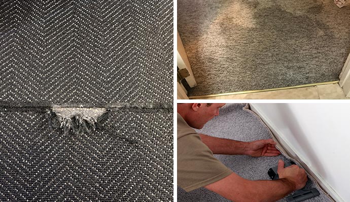 Collage of ripped carpet, discolored carpet and carpet stretching service Collage of ripped carpet, discolored carpet and carpet stretching service