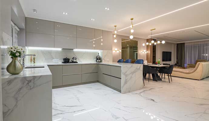 Polished marble floor in a living room area