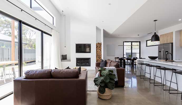 Living room area with stone flooring