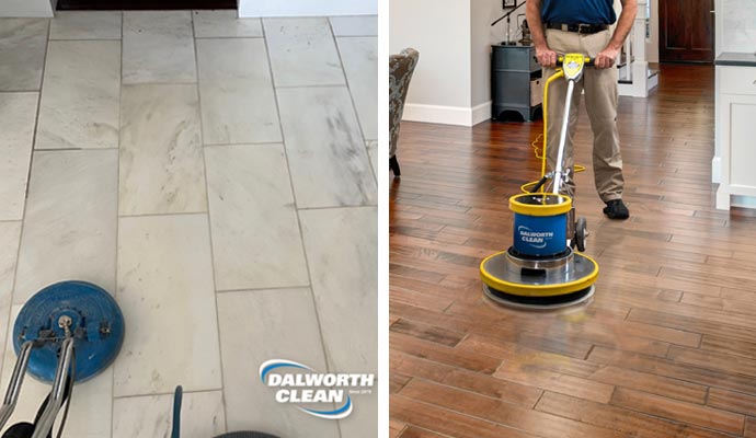 Collage of stone and wood floor cleaning